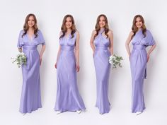 three beautiful women in long purple dresses posing for the camera with their hands on their hips