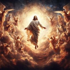 an image of jesus in the midst of many angel's and clouds with his arms outstretched