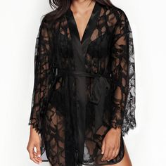 Victoria's Secret New Without Tags, Part Of Inner Tag Cutout Size Xs/S All Sheer Lace Kimono, So Sexy! Peeks Through At Everything Under But Covers Just Enough Short Kimono Robe, Lingerie Catalog, Night Dress For Women, Lace Kimono, Victoria Secret Lingerie, Short Kimono, Lace Short, Pretty Lingerie, Sleepwear Robe