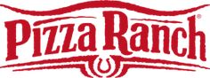 the logo for pizza ranch is shown in red and white letters on a white background