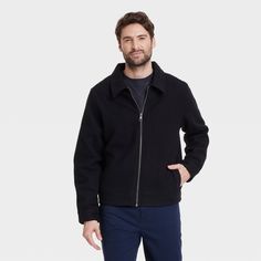 This Harrington Bomber Jacket from Goodfellow & Co™ in solid back makes a versatile layering pick. Fashioned in a casual fit, this long-sleeve jacket features a collared neckline and French cuffs for a touch of formal style. The thick heavyweight fabric with full lining offers cozy comfort, while the front full-length zipper allows for easy layering. Plus, the side pockets offer a handy space to stash your on-the-go essentials. Goodfellow & Co™: Feel good in what you wear, anywhere. Fitted Sport Coat For Cold Weather In Fall, Versatile Long Sleeve Outerwear For Work, Black Long Sleeve Outerwear With Double-needle Stitching, Black Long Sleeve Outerwear With Double-needle Sleeve, Solid Color Business Casual Outerwear For Fall, Casual Outerwear With Zipper Closure For Layering, Fall Cold Weather Long Sleeve Utility Jacket, Long Sleeve Utility Jacket For Cold Weather In Fall, Fall Long Sleeve Utility Jacket For Cold Weather