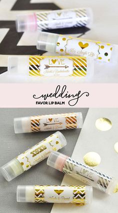 lip balm favors with gold foil and confetti on the top one is white