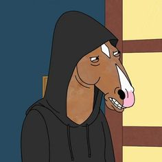 a cartoon dog wearing a black hoodie and standing next to a person in a doorway