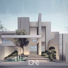 an architectural rendering of a modern house with trees and bushes in front of the entrance