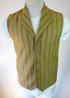 Mustard yellow. This is a fitted vest and there are no adjusters for a clean look. Size marked 20r?. I don't know this size so we will guestimate this at xs or small. I only have this ONE, so get it now, or you may never see it again! Steampunk Western, Fitted Vest, Clean Look, Get It Now, I Don't Know, Mustard Yellow, See It, Get It, Boats