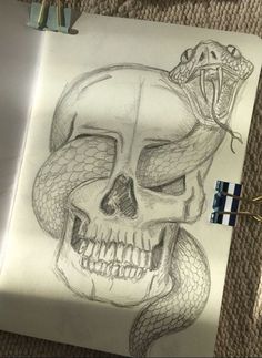 a pencil drawing of a skull with a snake on it's head and a snake wrapped around its neck