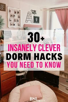 a dorm room with pink curtains and white bedding that says, 30 + insanely clever dorm hacks you need to know