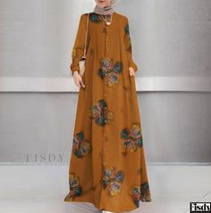 Fisdy - Cotton and Linen Printed Shirt Dress with Mandarin Collar, Vintage Long Sleeves and Long Robe Shirt Long Dress, Vestidos Retro, Basic Skirt, Solid Color Dress, Floral Print Shirt, High Quality Dress, Printed Shirt Dress, Vestidos Vintage, Long Shirt Dress