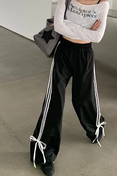 Bow Tie Side Stripe Pants , coquette side stripe pants with bows, adidas bow pants , stripe bow pant Side Stripe Pants, Indie Aesthetic Outfits, Baggy Pants Women, Junior Pants, Streetwear Korean, Striped Sweatpants, Baggy Sweatpants, Stripe Pants, Fall Pants