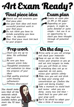 a poster with instructions on how to prepare for an art and exam ready? class plan