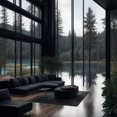 Dark luxury house on a lake House By The Lake Aesthetic, Dark Beach House, Dark Luxury House, Dark Themed House, Black House Aesthetic, House On A Lake, Dark House Aesthetic, Dark Architecture, Dark Modern House