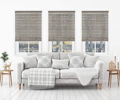 a living room with white walls and wooden flooring, two windows covered in blinds