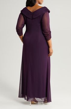 Alex Evenings Rhinestone Detail Portrait Collar Gown | Nordstrom Elegant Purple Gown With Sheer Bodice, Purple Formal Dress With Sheer Bodice, Formal Purple Dress With Sheer Bodice, Elegant Purple Chiffon Gown, Elegant Sheer Purple Dress, Elegant Purple Sheer Dress, Formal Purple Chiffon Maxi Dress, Collar Gown, Alex Evenings