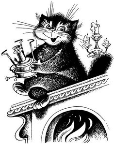 a black and white drawing of a cat sitting on top of a stove holding a pipe