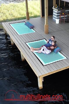 Net overwater hammock on dock in seafoam green. Fishing Dock, Lake Dock, Cool Tree Houses, House Deck, Add Art, Dream Beach, Home Landscaping, Cabin Plans, Lake Life