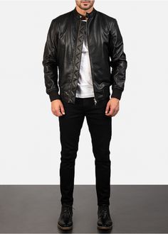 A leather bomber jacket that has the style and shean of a modern-day superhero. This men’s Avan Black Leather Bomber Jacket is sleek, urban-friendly and cool to the touch and look as well. Made of goatskin sleeves and cowhide torso, having a quilted polyester lining, zipper front closure with dual pullers, band style collar with snap-button closure, ribbed knit cuffs, as well as two inner and outer pockets. A great style essential for the modern man. Black Button-up Leather Jacket For Streetwear, Men’s Black Leather Jacket Outfit, Sleek Black Double-breasted Leather Jacket, Bombers Leather Jacket Man, Black Leather Motorcycling Outerwear, Urban Outfitters Men, Streetwear Men, Jacket For Men, Mens Casual