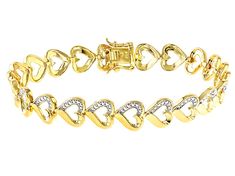 Emulous™ Round white diamond accent, 14k yellow gold over bronze station bracelet. Measures approximately 3/8"W and has a hidden box clasp closure. White rhodium enhanced settings. Station Bracelet, Box Clasp, Tennis Bracelet, White Diamond, Tennis, Yellow Gold, Bracelet, Yellow, Gold