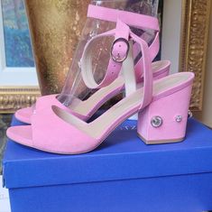 $525 Gorgeous Brand New In Box Stuart Weitzman Pink Suede Ankle Strap Sandals With Crystal Adorned Block Heels. Size 9.5. Inside Measures 10.25" From Toe To Heel. Beautiful Embellished Block Heel Is 3.25" High. The Band On The Vamp Is A Little Taller Than A Similar Sw Style, And This Style Gives More Toe Coverage. This Is Also The Newest Model, With Crystals Instead Of Pearls On The Heels. Perfect, Brand New Condition. Comes With Box, Dustcover And Card. $525 New. Made In Spain Luxury Low Heel Block Heels For Summer, Luxury Summer Block Heels With Low Heel, Designer Evening Sandals With Stacked Heel, Designer Sandals With Stacked Heel For Formal Events, Designer Sandals With Stacked Heel For Formal Occasions, Designer Formal Sandals With Stacked Heel, Pink Low Heel Sandals For Formal Occasions, Pink Elegant Block Heels For Formal Occasions, Elegant Pink Block Heels For Formal Occasions