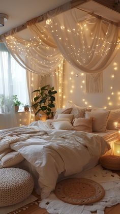 a bedroom with lights on the ceiling and bed in it's centerpieces