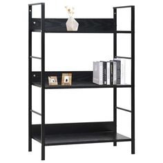 a black shelf with books and magazines on it's sides, against a white background