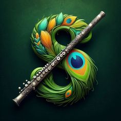 a flute with peacock feathers on it sitting next to a green background and another instrument in the foreground