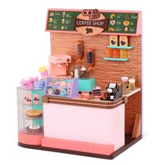 a toy coffee shop with various items on display