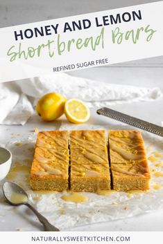 lemon and honey shortbread bars are cut into squares