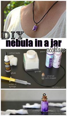 a collage of photos showing how to make a diy nebula in a jar necklace