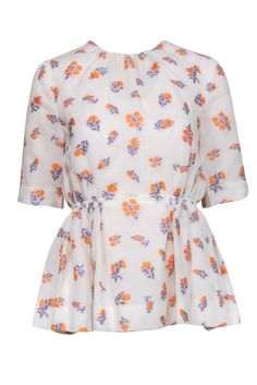 Current Boutique-Emilia Wickstead - Off White w/ Floral Print Textured Peplum Blouse Sz 2 Fitted Orange Top With Floral Embroidery, Spring Floral Embroidered Tops For Daywear, Feminine Orange Floral Print Blouse, Orange Fitted Feminine Tops, Feminine Floral Print Blouse For Daywear, Orange Floral Embroidered Top For Summer, Fitted Feminine Orange Tops, Fitted Orange Blouse For Spring, Feminine Orange Floral Print Top