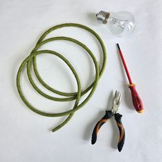 a pair of pliers, wire cutters and an empty light bulb on a white surface