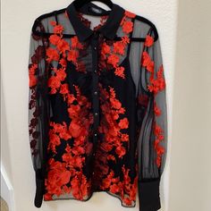 70% Cotton 30% Viscose Red Long Sleeve Sheer Top, Red Sheer Long Sleeve Top, Elegant Red Tops With Floral Embroidery, Chic Evening Blouse With Floral Embroidery, Floral Embroidered Blouse For Evening In Fall, Formal Fall Blouse With Floral Embroidery, Elegant Floral Embroidery Blouse For Night Out, Elegant Floral Embroidered Blouse For Night Out, Red Floral Print Party Blouse