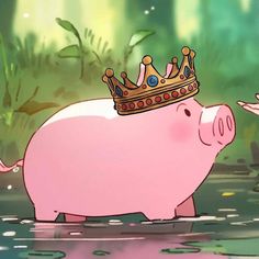 a pink pig with a crown on it's head standing in water next to another pig