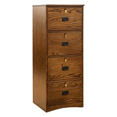 a wooden filing cabinet with four drawers