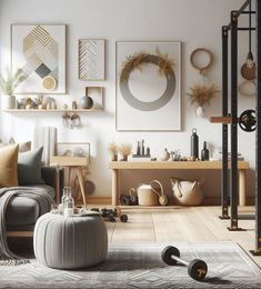 a living room filled with lots of furniture and art on the wall next to a doorway