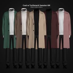 a row of men's coats and pants in different colors