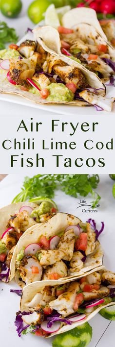 air fryer chili lime code fish tacos on a plate with lettuce