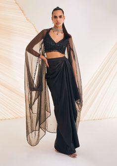 Divya Aggarwal-Vivien Black Embellished Skirt And Cape Set-INDIASPOPUP.COM Sheer Cape Outfit, Satin Draped Skirt, Sundowner Party Outfits Women, Types Of Capes, Divya Aggarwal, Black Indian Outfit, Cocktail Outfits For Women, Cape Organza, Dhoti Skirt