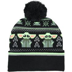 This Star Wars pom beanie features a Baby Grogu The Child Fairisle design. The fold-up cuff features "The Child" text. This hat is great for the cooler months and the holiday season. Makes a great gift too. It is made of a soft 100% acrylic fabric. One Size Fits Most. Knitting Fair Isle, Baby Backpack, Beanie Black, Star Children, Child Baby, Fair Isle Pattern, Acrylic Fabric, Scarf Hat, Pom Beanie