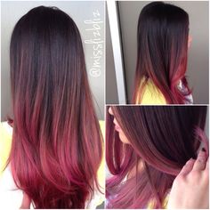 Ombre Pink Hair Color, Brunette With Pink Tips, Pink Ends Hair, Pink Hair Tips Brunette, Pink Highlights On Black Hair, Black To Pink Ombre Hair, Pink Balayage Black Hair, Pink Balayage, Pink Hair Highlights