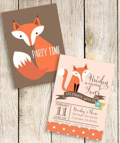 two fox themed birthday party cards on wooden planks, one with the word party time printed on it