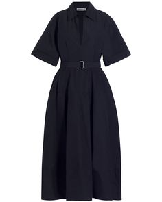 SIMKHAI Midnight Deanna Belted Midi Dress Collar V neck Short wide sleeves; folded cuffs Removable d-ring belt Concealed side zip closure Aline silhouette Midi length 60% cotton, 40% polyamide D Ring Belt, Dress Collar, Belted Midi Dress, Tailored Design, Tall Model, Wide Sleeves, Shirtdress, Collar Dress, D Ring