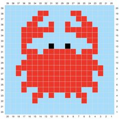 an image of a cross stitch pattern with a red crab in the middle and black eyes