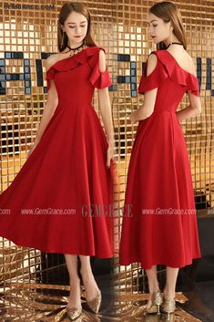 Semi Formal Red Tea Length Party Dress Aline Red A-line Dress For Banquet, Red A-line Midi Dress For Banquet, Red A-line Summer Evening Dress, Red Knee-length Evening Dress, Red A-line Evening Dress For Party, Red Midi Length Evening Dress For Gala, Red Knee-length Dress For Gala, Solid Color A-line Party Evening Dress, Red Midi Dress For Wedding Party