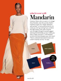 a woman in an orange skirt and white top with the words what to wear with mandarin