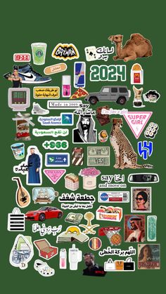 an assortment of stickers on a green background