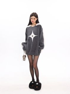 Star Shoulder Zip Sweater Dress– Latenitex Oversized Edgy Fall Sweater, Oversized Edgy Sweater For Fall, Trendy Oversized Sweater Dress For Winter, Trendy Crew Neck Sweater Dress For Winter, Oversized Edgy Winter Sweater, Edgy Oversized Winter Sweater, Edgy Long Sleeve Winter Sweater, Black Flared Jeans, Blue Tube Top