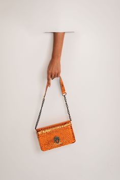 Leather Crossbody Bag - shiny orange bynes new york Mobile Shop, Conscious Fashion, Chain Crossbody Bag, Amulets, Artisan Craft, Leather Material, Leather Crossbody Bag, Fair Trade, Leather Crossbody