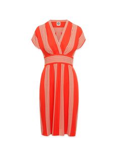 Anne Klein Bilbao Stripe V-Neck Short Sleeve Dress Poppy/Anne White Red A-line V-neck Dress For Spring, Orange Lined V-neck Dress, Casual Red V-neck Midi Dress, Red Lined Midi Dress For Summer, Orange V-neck Maxi Dress For Daywear, Orange V-neck Lined Dress, Red V-neck Maxi Dress For Work, Red Fitted V-neck Dress With Surplice Neckline, Summer Workwear Orange Midi Dress