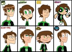 the many faces of an animated character in green and black clothing, with different expressions