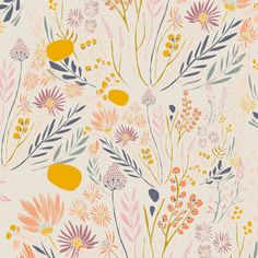 an orange and pink flower pattern on a white background with lots of small yellow flowers